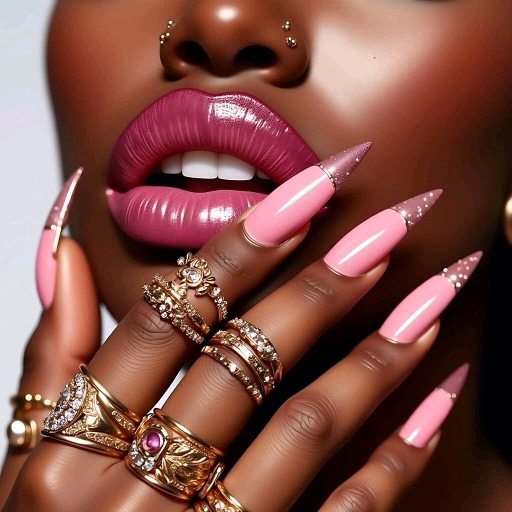 Pink stiletto nails with glitter tips and layered gold rings — editorial close-up