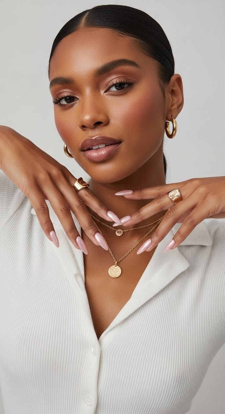 Elegant model with long pearl almond nails and gold jewellery — nude minimal look