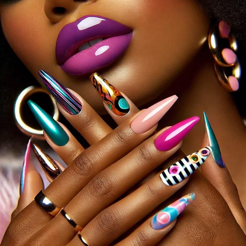 Colorful custom nail designs with intricate details